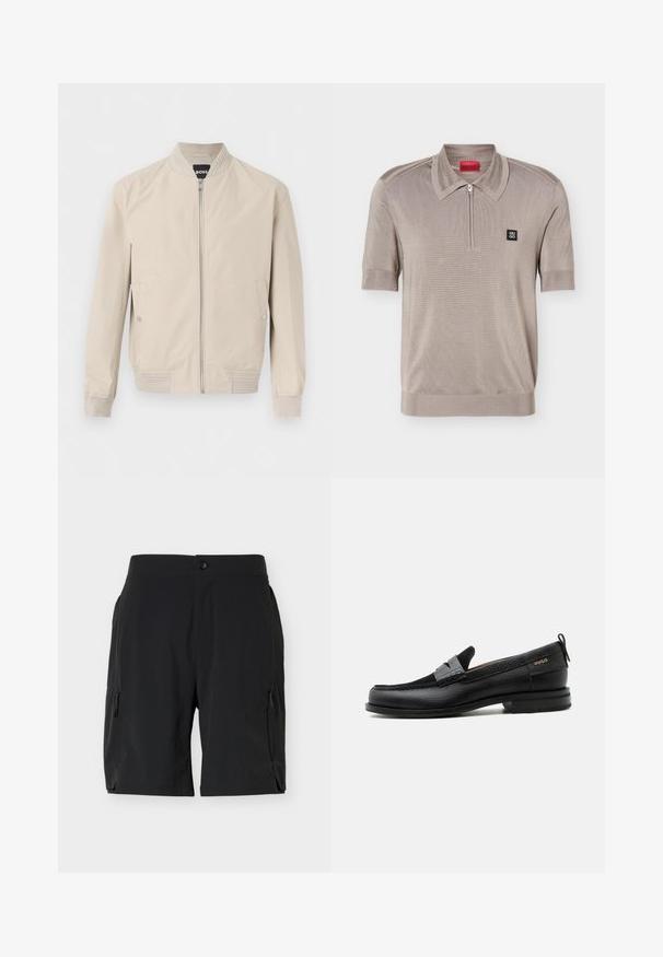 Veste bomber beige clair avec fermeture éclair frontale, poches latérales à boutons-pression, col, poignets et ourlet côtelés. Tissu doux et lisse.; Polo à manches courtes brun clair avec un col zippé et un logo Hugo noir en forme de carré sur la poitrine gauche.; Shorts noirs mi-cuisses avec poches zippées latérales et fermeture par bouton à la taille, présentés sur un fond blanc uni.; Mocassin en cuir noir avec détail de bride grise, talon bas et semelle texturée, marqué "HUGO" en or sur le côté.