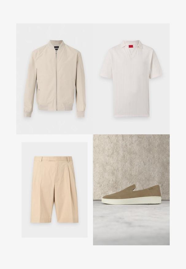 Veste bomber beige clair avec fermeture éclair frontale, poches latérales à boutons-pression, col, poignets et ourlet côtelés. Tissu doux et lisse.; Polo blanc à manches courtes en tissu texturé, avec une étiquette de marque Hugo rouge à l'intérieur du col et une ouverture en V.; Shorts beige mi-long cintrés avec passants pour ceinture, plis à l'avant et fermeture éclair cachée sur le devant.; Chaussure beige sans lacets avec semelle blanche, présentée en suspension sur un tapis clair avec un mobilier transparent de couleur ambre en arrière-plan.