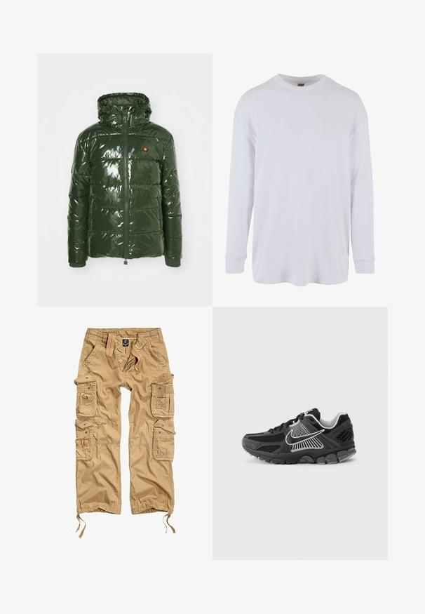Ellesse TREVANI - Winterjas - khaki; Wit overhemd met lange mouwen, gemaakt van een zachte katoenmix. Heeft een ronde hals en ribgebreide boorden, met een losse pasvorm en zonder patronen.; Olijfgroene cargobroek met meerdere zijzakken, knoopsluiting, elastische tailleband en verstelbare boorden. Gemaakt van duurzaam materiaal.; Zwarte sportschoen met meshpanelen en synthetische accenten. Heeft een afgeronde neus, een dikke, gedempte zool en contrasterende witte logodetails.