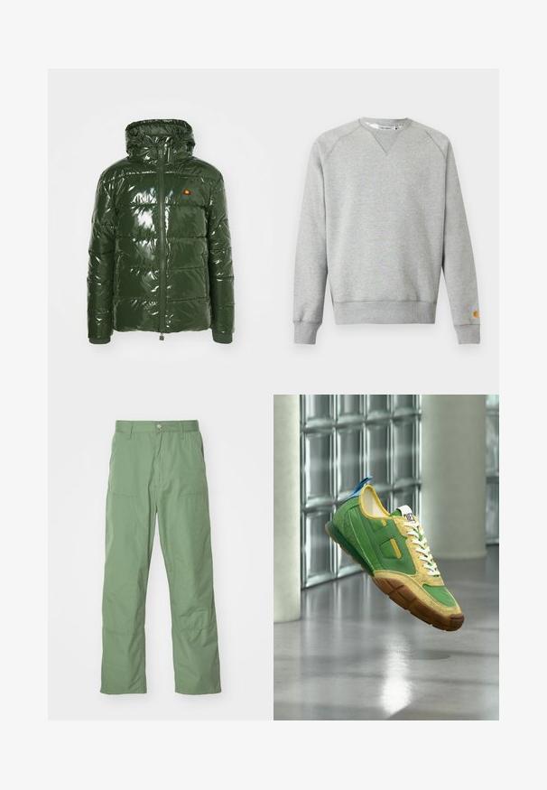 Ellesse TREVANI - Winterjacke - khaki; Hellgraues Sweatshirt mit Rundhalsausschnitt, langen Ärmeln, gerippten Bündchen und Saum sowie kleinem Logo-Patch am linken Ärmelbündchen.; Hellgrüne, lässige Hose mit glatter Textur, ausgestattet mit Seitentaschen und sichtbaren Nähten. Vollständig lang mit geradem Bein.; Grüner und gelber Sneaker mit brauner Sohle und weißen Schnürsenkeln, der drinnen vor einer Glasbausteinwand und Betonboden schwebt.