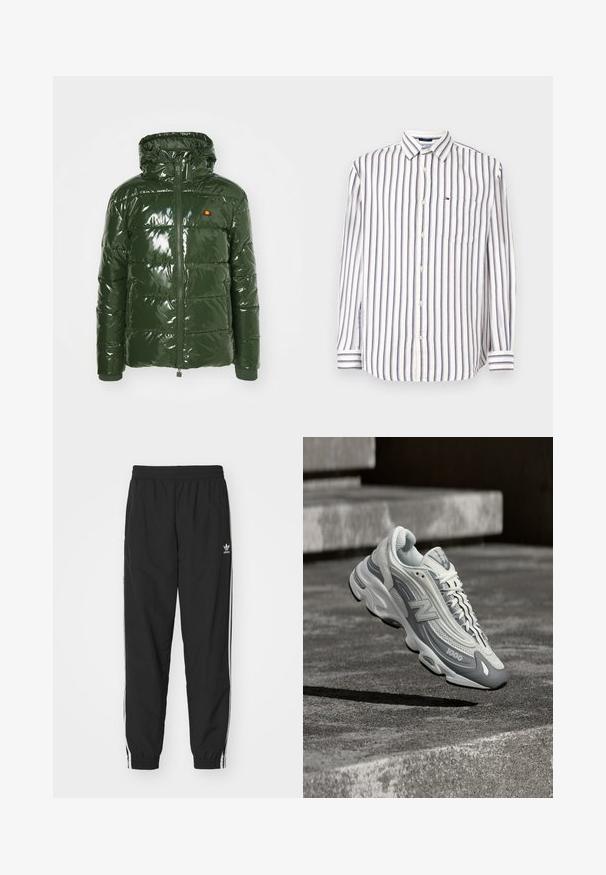 Ellesse TREVANI - Winterjas - khaki; Wit overhemd met lange mouwen en verticale zwarte en bruine strepen, knoopsluiting aan de voorkant, borstzak met klein logo en puntige kraag.; Zwarte trainingsbroek met een elastische tailleband en boorden, voorzien van witte zijstrepen en een klein wit Adidas-logo op de linkse heup.; Witte en grijze New Balance 1000 sneaker zwevend boven een betonnen oppervlak met trappen op de achtergrond.