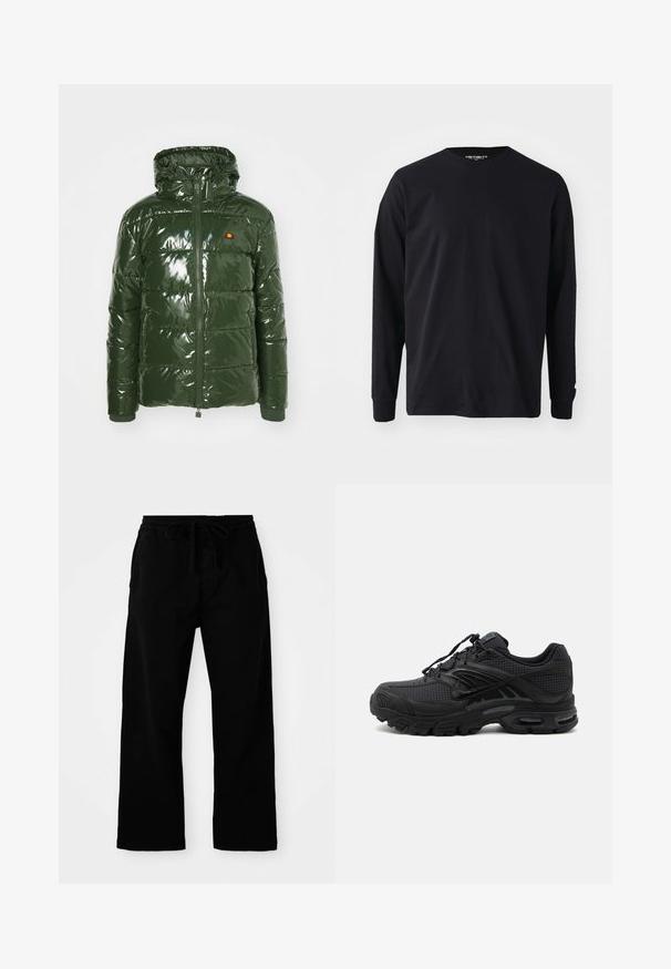 Ellesse TREVANI - Winterjacke - khaki; Schwarzes Langarm-T-Shirt aus Baumwolle mit rundem Halsausschnitt und geradem Schnitt, mit einem kleinen Logodetail am Ärmel.; Schwarze, elastische Hosen mit verstellbarem Kordelzug, weitem Bein und glatter Baumwollstruktur. Keine sichtbaren Muster oder Hardware-Details.; Schwarzer athletischer Sneaker mit strukturiertem Stoff, dicker gepolsterter Sohle, Luftauslässen und Schnürverschluss, von der Seite auf hellem Hintergrund gezeigt.