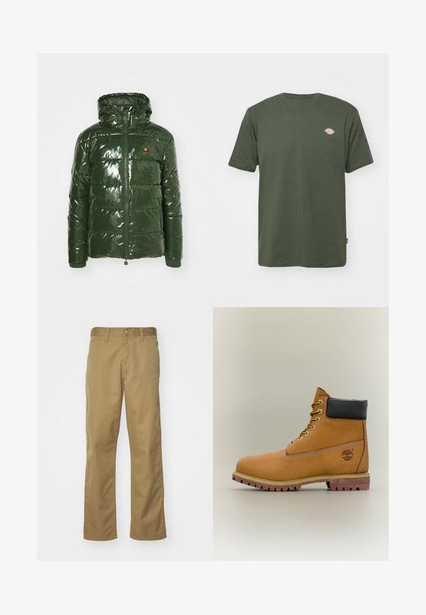 Ellesse TREVANI - Vinterjakker - khaki; Olivengrøn bomulds T-shirt med rund hals, korte ærmer og et lille farvet logo på brystet. Glat tekstur, afslappet design.; Khaki chinos med lige bendesign, lavet af glat bomuldsstof. Har en knaplukning foran og sidelommer.; Brun læderankelstøvle med sort krave, gule snørebånd og tanfarvet sål. Har logo og hvide syninger som detalje. Robust ydersål med greb.