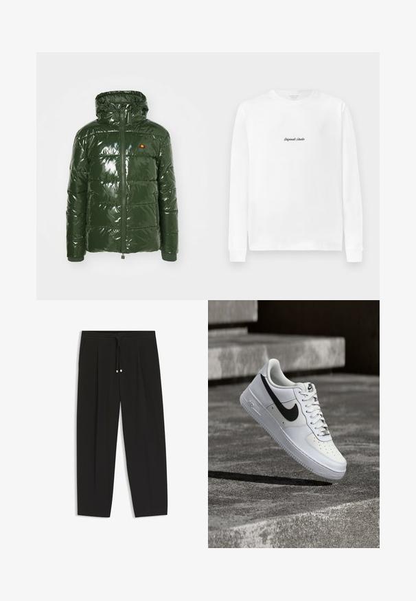 Ellesse TREVANI - Vinterjakker - khaki; Hvid langærmet T-shirt med et lille sort skriftslogo "Originals Studio" centreret på brystet.; Sorte bukser med lige ben, plisseringer, sidelommer og snørelukning i taljen med metalender.; Hvid Nike Air Force 1-sneaker med sort swoosh, snørebånd bundet, placeret i luften over tekstureret betonoverflade udendørs.