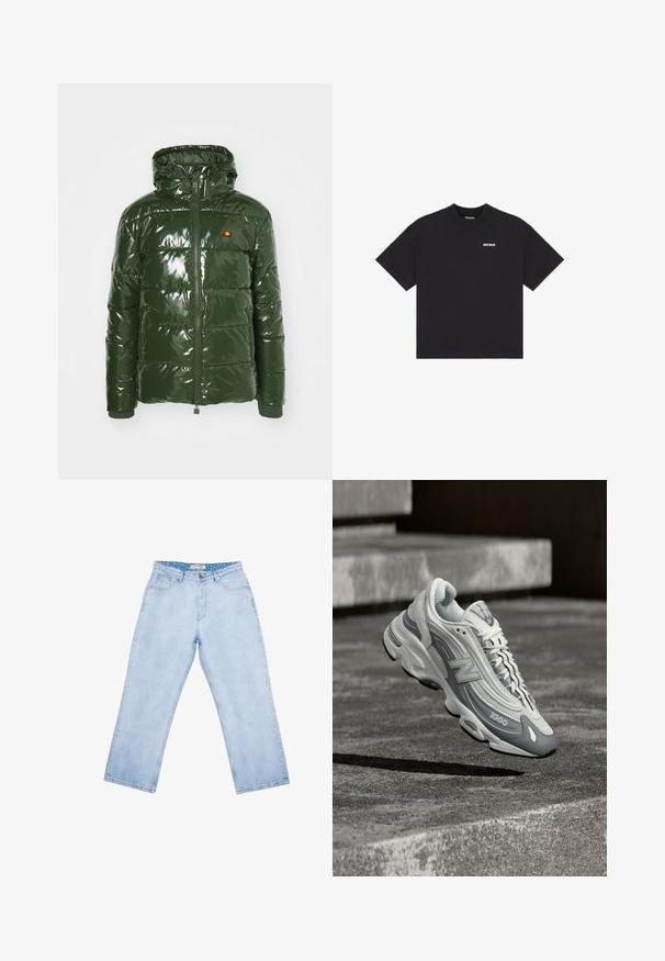Ellesse TREVANI - Winterjas - khaki; Zwart T-shirt met korte mouwen met de tekst "WRSTBHVR" in kleine witte letters gedrukt op de linkerborst en aan de binnenkant van de kraag.; Lichtblauwe high-waist jeans met rechte pijpen, voorzakken, riemlussen, knoopsluiting en een gebrand binnenlabel aan de tailleband.; Witte en grijze New Balance 1000 sneaker zwevend boven een betonnen oppervlak met trappen op de achtergrond.