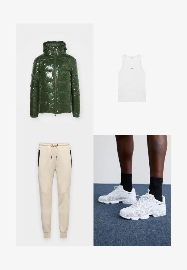 Ellesse TREVANI - Chaqueta de invierno - khaki; Camiseta de tirantes blanca sin mangas con escote redondo y pequeño texto de logo negro centrado en el pecho sobre fondo liso.; Pantalones de chándal de color beige claro con cinturilla ajustable, cremallera lateral y puños ajustados con acentos texturizados en los paneles laterales.; Zapatillas deportivas blancas con parte superior de malla, acentos texturizados y suela acolchada. Combinadas con calcetines cortos de canalé negros sobre una superficie de moqueta azul.
