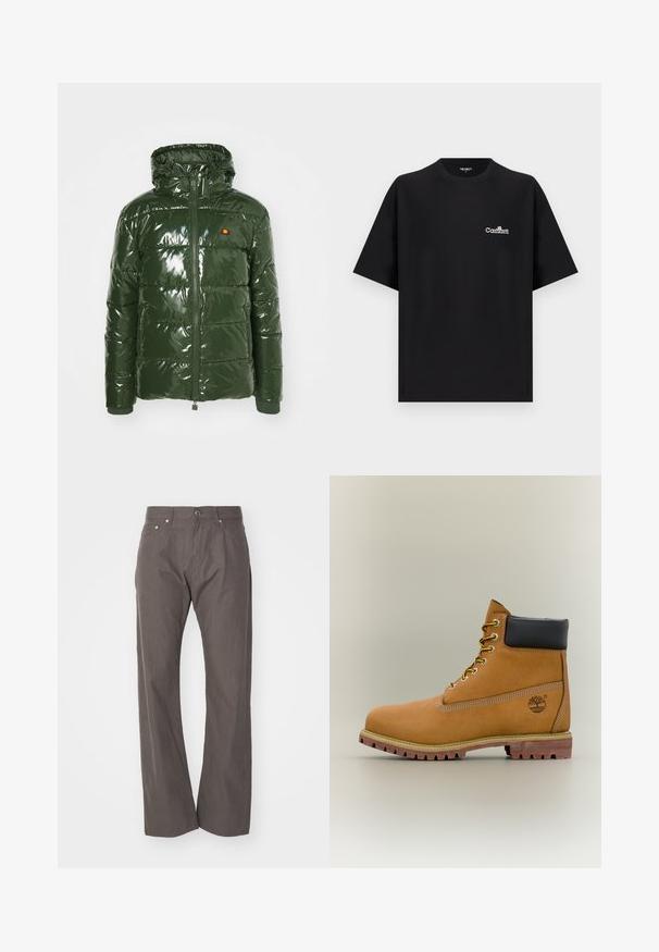 Ellesse TREVANI - Winterjacke - khaki; Schwarzes, übergroßes T-Shirt mit kurzen Ärmeln und weißem Carhartt-Logo auf der linken Brust, Rundhalsausschnitt, auf einfarbig hellem Hintergrund präsentiert.; Weekday SPACE RELAXED STRAIGHT - Stoffhose - dark mole; Brauner Leder-Stiefelette mit schwarzem Kragen, gelben Schnürsenkeln und hellbrauner Sohle. Verfügt über ein Logo und weiße Ziernähe. Robuste Profilsohle.