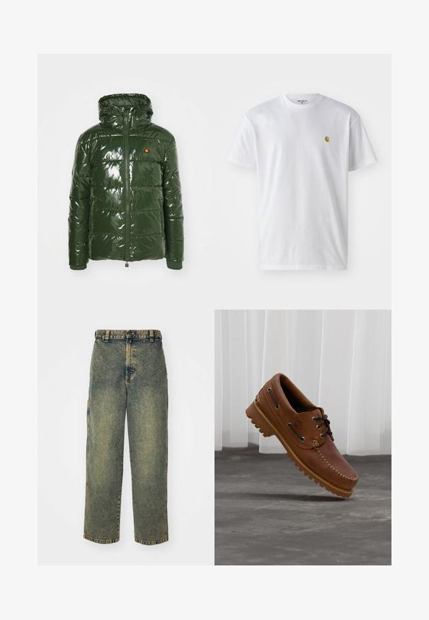 Ellesse TREVANI - Vinterjakker - khaki; Hvid bomulds t-shirt med korte ærmer, rund hals og et lille guld logo på venstre brystområde. Blød tekstur og almindelig pasform.; Slidse denim jeans i en falmet blå og grøn vask. Har en knaplukning, bælteløkker og sidelommer. Flad front og lige ben-design.; Brun læder bådsko med sorte snørebånd, beige syninger og en robust sål, hængende over en grå betongulv.