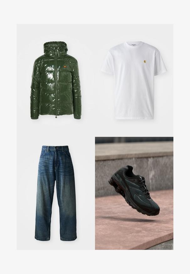 Ellesse TREVANI - Winterjacke - khaki; Weißes Baumwoll-T-Shirt mit kurzen Ärmeln, Rundhalsausschnitt, mit einem kleinen goldenen Logo im linken Brustbereich. Weicher Stoff und normale Passform.; Weite blaue Denim-Jeans mit einem verwaschenen Finish. Verfügt über fünf Taschen, einen Knopfverschluss und kontrastierende Nähte. Schwergewichtiges Material.; Schwarzer athletischer Sneaker mit sichtbarer Air-Cushioning-Zwischensohle, der über einer rosa Steinoberfläche mit grauer Steinmauer im Hintergrund schwebt.
