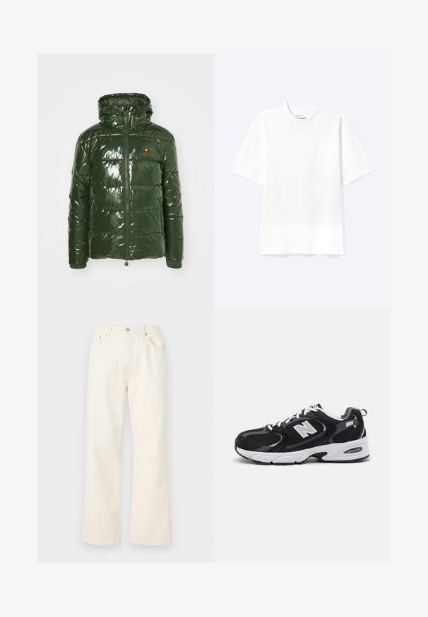 Ellesse TREVANI - Winterjacke - khaki; Schlichtes weißes T-Shirt mit kurzen Ärmeln und Rundhalsausschnitt in entspannter Passform, auf hellem Hintergrund dargestellt.; Cremfarbene Schlagjeans aus Denim, mit einem klassischen Fünf-Taschen-Design und einem Metallknopfverschluss an der Taille.; Schwarze und graue Sportschuhe mit Obermaterial aus Mesh und Wildleder, ausgestattet mit einer weißen Zwischensohle, Schnürsenkeln und einem markanten "N"-Logo an der Seite.