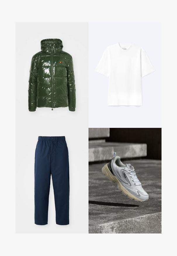 Ellesse TREVANI - Winterjas - khaki; Effen witte T-shirt met korte mouwen en ronde hals, met een losse pasvorm, weergegeven op een lichte achtergrond.; Navy blauwe broek van soepel materiaal, met een elastische tailleband en een knoop, rechte pijpen en zonder zichtbare patronen of accessoires.; Witte en beige FILA sneaker zwevend boven betonnen trappen, met zicht op zij- en bovenzijde, inclusief veters en merkdetails.