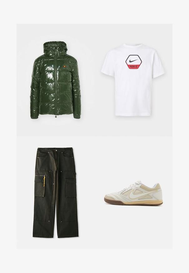 Ellesse TREVANI - Winterjacke - khaki; Weißes Nike-T-Shirt mit kurzen Ärmeln, einem roten und schwarzen sechseckigen Logo mit dem Nike-Swoosh und Markennamen auf der Brust.; Schwarze Cargo-Shorts mit entspannter Passform, die über mehrere Taschen, gelbe Reißverschlussanhänger und einen strukturierten Stoff mit verblaßtem Finish verfügen.; Weißer Sportschuh mit strukturiertem Obermaterial, grauen Akzenten, Schnürdesign und braunem Gummisohle. Verfügt über ein markantes Logo an der Seite.
