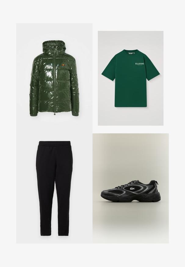 Ellesse TREVANI - Chaqueta de invierno - khaki; Camiseta de manga corta de color verde oscuro con texto blanco "ELLESSE TENNIS CLUB" en el pecho izquierdo, cuello redondo y etiqueta de talla mediana en el interior del cuello.; Pantalones de chándal negros con corte recto, cinturilla elástica y textura suave. Sin patrones o herrajes visibles. Diseño sencillo.; Zapatilla deportiva negra y gris con paneles de malla, diseño de cordones, suela gruesa y un pequeño logo de cocodrilo en el costado.