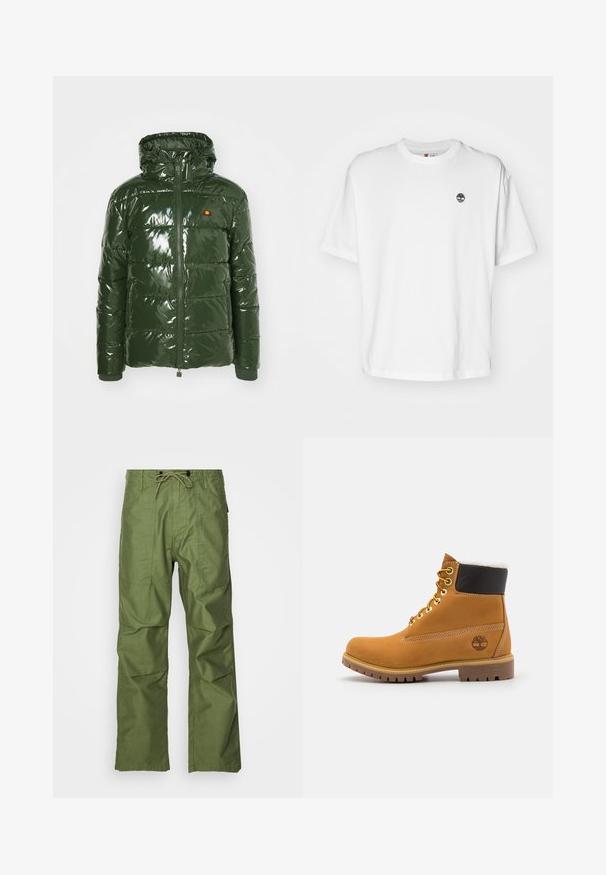 Ellesse TREVANI - Winterjas - khaki; Witte katoenen t-shirt met een ronde halslijn, korte mouwen en een klein zwart boompje-logo op de linkerkant van de borst. Zacht materiaal, ontspannen pasvorm.; Olijfgroene cargobroek gemaakt van lichtgewicht stof. Kenmerken zijn onder meer een trekkoord bij de taille, twee voorzakken en een ruime pasvorm.; Bruine leren enkellaars met metalen oogjes, witte faux bont voering, zwarte gewatteerde kraag, robuuste zool en een reliëflogo aan de zijkant.