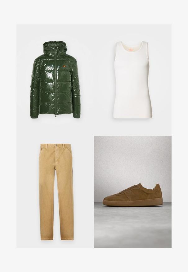Ellesse TREVANI - Winterjas - khaki; Witte geribbelde tanktop met een ronde halslijn en brede schouderbanden. Soepele textuur en aansluitend ontwerp.; Tan chino's met een recht vallend ontwerp, gemaakt van een zachte stof. Voorzien van voorkruiszakken, een knoopsluiting en subtiele stikdetails.; Bruine suède sneaker met beige veters en rubberen zool. Heeft een afgeronde neus en gestikte details op het bovenwerk. Lichtgewicht ontwerp.