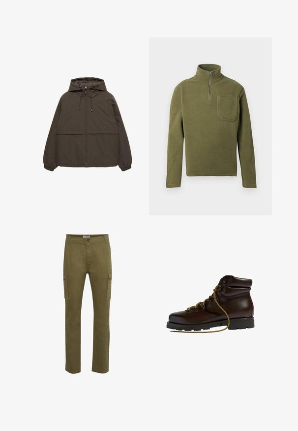 Veste à capuche marron foncé avec fermeture éclair, poignets élastiques et deux poches avant. Tissu synthétique lisse à finition mate.; Pull en polaire vert olive avec un col zippé à mi-hauteur, des manches longues et une poche sur la poitrine. Texture douce avec un design durable.; Pantalons cargo verts avec une coupe droite, dotés de deux poches latérales, d'une fermeture à bouton et de détails cousus sur la surface du tissu.; Bottine de randonnée en cuir marron avec un bout arrondi, surface texturée, lacets jaunes et œillets en métal. Dotée d'une semelle en caoutchouc noir robuste.