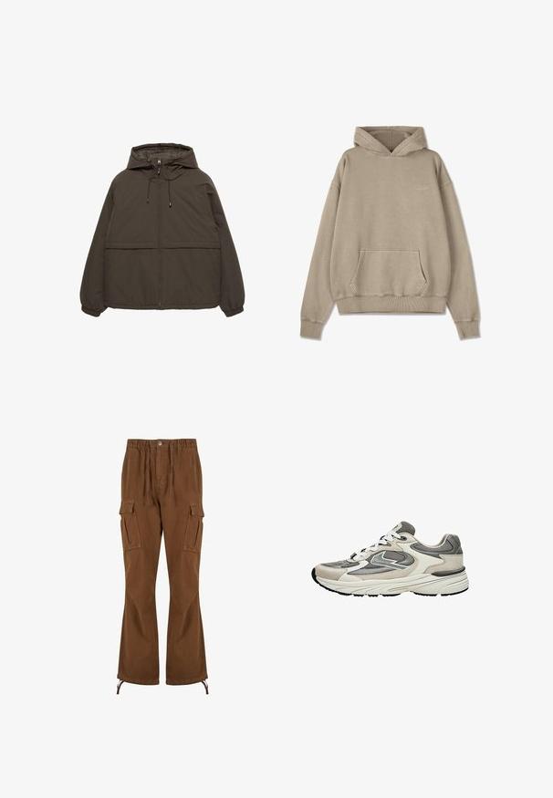 Veste à capuche marron foncé avec fermeture éclair, poignets élastiques et deux poches avant. Tissu synthétique lisse à finition mate.; Hoodie beige avec une poche avant, des poignets et un ourlet côtelés. Confectionné en matériau doux, avec un logo discret sur la poitrine.; Pantalons cargo marron avec une taille élastique, des détails à cordon, deux poches latérales et des jambes plus larges avec des ourlets ajustables.; Baskets de sport gris clair et blanc avec panneaux en mesh et daim, lacets blancs et semelle épaisse et rembourrée, vues de côté.
