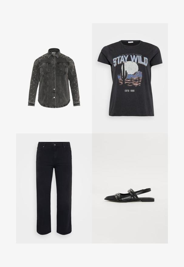 Veste en denim noire avec des fermetures à boutons, deux poches poitrine et des détails cloutés le long des épaules. Tissu épais et col pointu.; T-shirt en coton noir avec une impression graphique d'un paysage désertique avec des cactus, une lune, et la phrase "RESTEZ SAUVAGE" en lettres bleues.; Jeans en denim noir avec une coupe droite. Les caractéristiques incluent une fermeture à bouton à la taille, des passants de ceinture et des poches avant/arrière. Texture lisse.; Even&Odd Ballerines à brides arrière - black