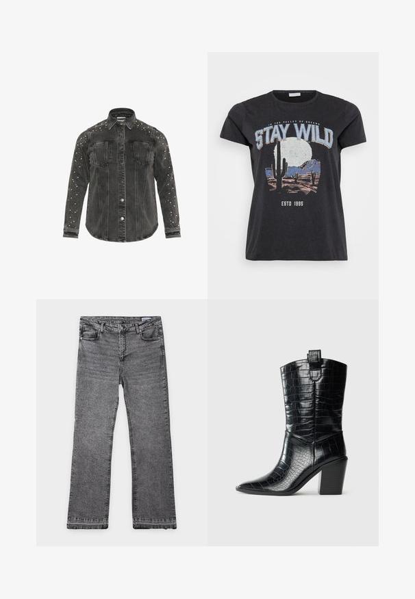 Veste en denim noire avec des fermetures à boutons, deux poches poitrine et des détails cloutés le long des épaules. Tissu épais et col pointu.; T-shirt en coton noir avec une impression graphique d'un paysage désertique avec des cactus, une lune, et la phrase "RESTEZ SAUVAGE" en lettres bleues.; Jean gris à coupe droite en denim avec cinq poches, coutures visibles, passants de ceinture, bouton et fermeture éclair, disposé à plat sur fond blanc.; Botte western noire midi avec bouts pointus, talon carré, et texture en cuir verni gaufré crocodile sur fond blanc.