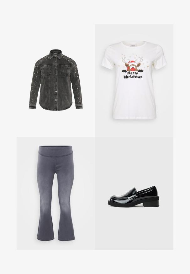 Veste en denim noire avec des fermetures à boutons, deux poches poitrine et des détails cloutés le long des épaules. Tissu épais et col pointu.; T-shirt blanc à manches courtes avec un graphisme de renne ayant un nez rouge, des bois et un chapeau de Noël, accompagné de "Joyeux Noël" en noir.; Pantalons grijs évasés avec une large ceinture. Tissu lisse avec un léger éclat, dégradé du foncé en haut vers le plus clair en bas.; Mocassins en cuir verni noir avec un bout rond, un petit talon carré et une finition lisse et brillante. Présente une sangle décorative à l'avant.