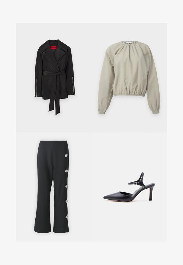 Sort trenchcoat med taljebælte, stort krave og lynlåseventiler på ærmerne. Fremstillet af glat, letvægtsstof med en mat overflade.; Beige cropped bluse med elasticiseret talje og manchetter, med en sammensamlet halsudskæring og letvægtigt, let struktureret stof.; Sorte brede bukser lavet af glat stof, med fem dekorative sølvfarvede knapper langs venstre side for ekstra detaljer.; Sort spids højhælet sko med tynd ankelrem og sølvspænde, glat læderfinish, elegant damesko.