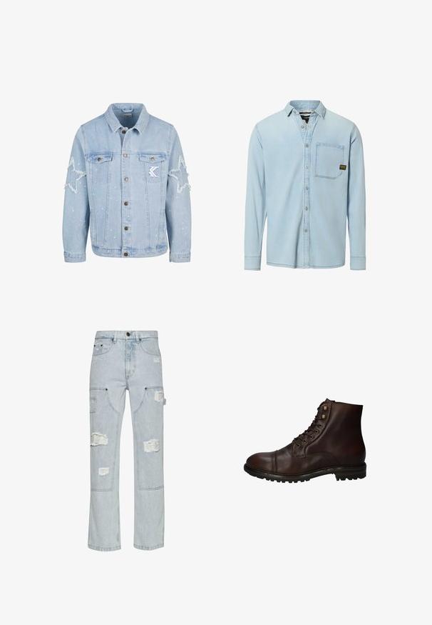 Lichtblauwe denimjack met stervormige slijtage, metalen knopen, twee borstzakken en subtiele witte verfspetterdetails.; Lichtblauw denim overhemd met lange mouwen, knoopsluiting aan de voorkant, en een enkele borstzak met een klein zwart-geel merklabel.; Lichtblauwe denim cargo broek met versleten plekken, wijd uitlopende pasvorm, twee zijzakken en klinknagelaccenten.; Donkergrote leren veterschoenen tot de enkels met een robuuste rubberen zool en metalen veters, gezien vanuit de buitenzijde.