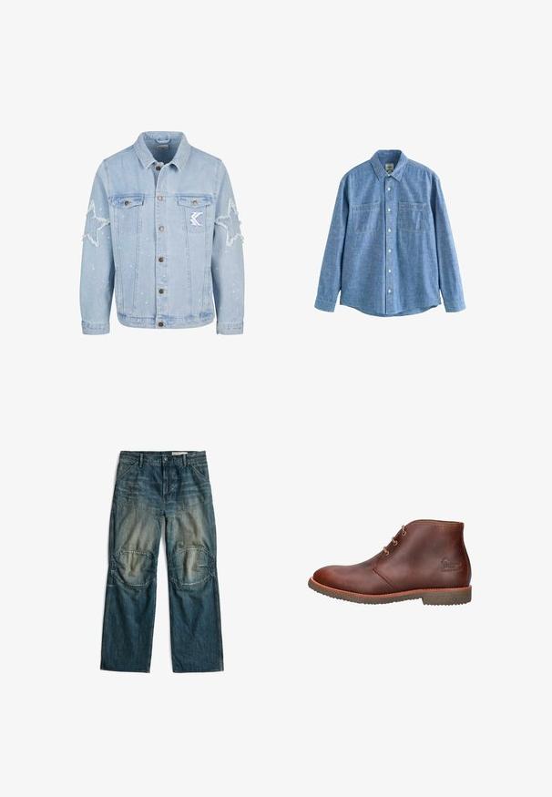 Lichtblauwe denimjack met stervormige slijtage, metalen knopen, twee borstzakken en subtiele witte verfspetterdetails.; Blauw chambray overhemd met lange mouwen, knoopsluiting aan de voorkant en twee borstzakken, plat gelegd op een witte achtergrond.; Blauwe spijkerbroek met verstevigde kniepatches en voorzakken, plat liggend afgebeeld tegen een witte achtergrond.; Bruine leren enkellaars met drie oogjes voor veters, rubberen zool en een reliëflogo aan de zijkant.