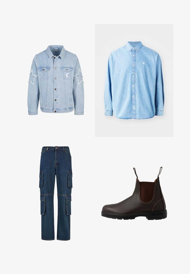 Lichtblauwe denimjack met stervormige slijtage, metalen knopen, twee borstzakken en subtiele witte verfspetterdetails.; Lichtblauwe denim overhemd met knopen en lange mouwen, puntkraag en een klein logo op de linkerborst. Heeft een ontspannen pasvorm en een klassiek ontwerp.; Donkerblauwe denim cargobroek met meerdere zijzakken, rechte pijpdesign en contrasterende stiksels. Duurzame stof met een klassieke snit.; Bruine leren Chelsea-laars met elastisch zijpaneel, bruine stiksels, trekriempjes en een duurzame rubberen zool met een gestructureerd patroon.
