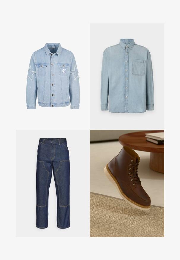 Lyseblå denimjakke med stjernemønstrede slidmærker, metalbutton, to brystlommer og diskret hvid malingsplask.; Lyseblå denimskjorte med lange ærmer, knaplukning foran og en enkelt brystlomme. Har en klassisk krave og standard manchetter.; Mørkeblå denim jeans med høj talje, lige ben-design, kontrastsyninger og lappelommer foran.; Brune læderankelstøvle med beige sål på et struktureret beige tæppe ved siden af et rundt træbord med stakke af bøger.