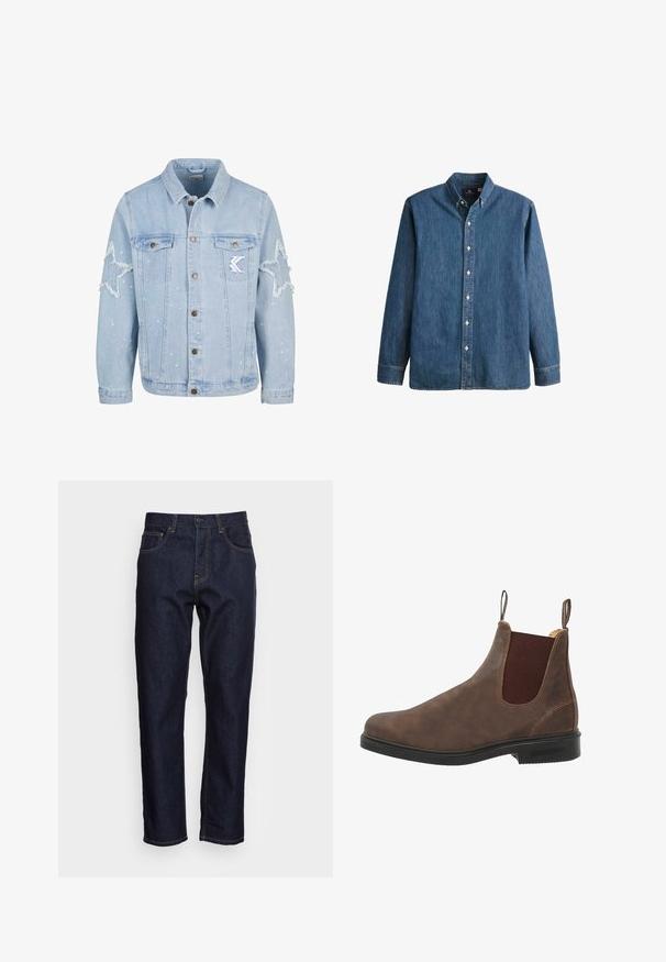 Lyseblå denimjakke med stjernemønstrede slidmærker, metalbutton, to brystlommer og diskret hvid malingsplask.; Denim button-up skjorte i mellemblå, med lange ærmer, spidse kraver, hvide knapper og en tætsiddende pasform med diskret logo broderi.; Mørkeblå denimjeans med lige pasform, fem lommer og kontrasterende gul syning. Designet med en klassisk knap- og lynlåslukning.; Brune læder ankelstøvle med elastiske sidelapper, rund tå og sort gummisål. Subtile tekstur- og syningsdetaljer.