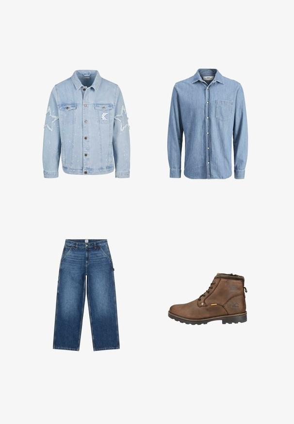 Lichtblauwe denimjack met stervormige slijtage, metalen knopen, twee borstzakken en subtiele witte verfspetterdetails.; Lichtblauwe denim overhemd met een button-down kraag, lange mouwen, een borstzak en een geborduurd logo op de zak.; Blauwe jeans met wijde pijpen, voorzakken, riemlussen, knoopsluiting en een Lee-merklabel op de tailleband.; Mokkaleren enkellaars met ronde neus, vetersluiting, gevoerde kraag en een getextureerde rubberen zool. Met logo en metalen accenten.
