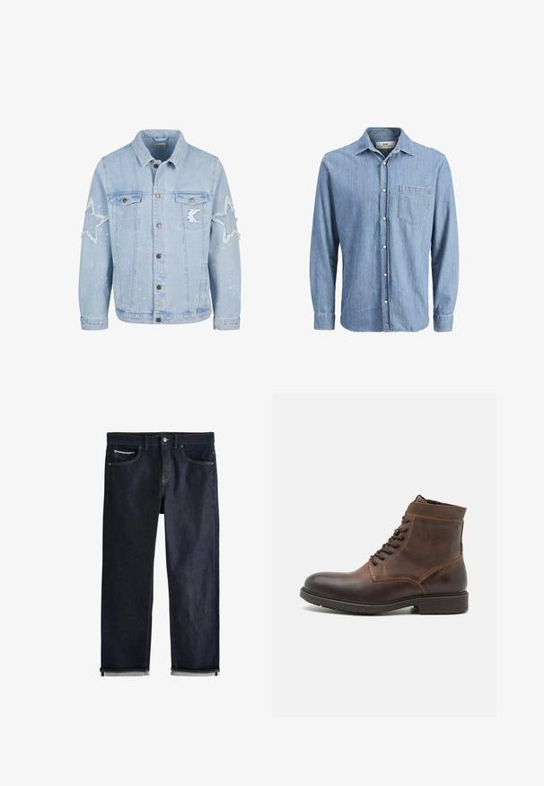 Chaqueta de mezclilla azul claro con desgastes en forma de estrella, botones de metal, dos bolsillos en el pecho y un sutil salpicado de pintura blanca.; Camisa de mezclilla de color azul claro con cuello button-down, mangas largas, un bolsillo en el pecho y logo bordado en el bolsillo.; Vaqueros de mezclilla azul oscuro con un ajuste recto clásico, que cuentan con cinco bolsillos, cierre de botones y puños doblados que muestran un forro azul claro.; Jack & Jones JFWDELANEY BOOT - Botines con cordones - cognac