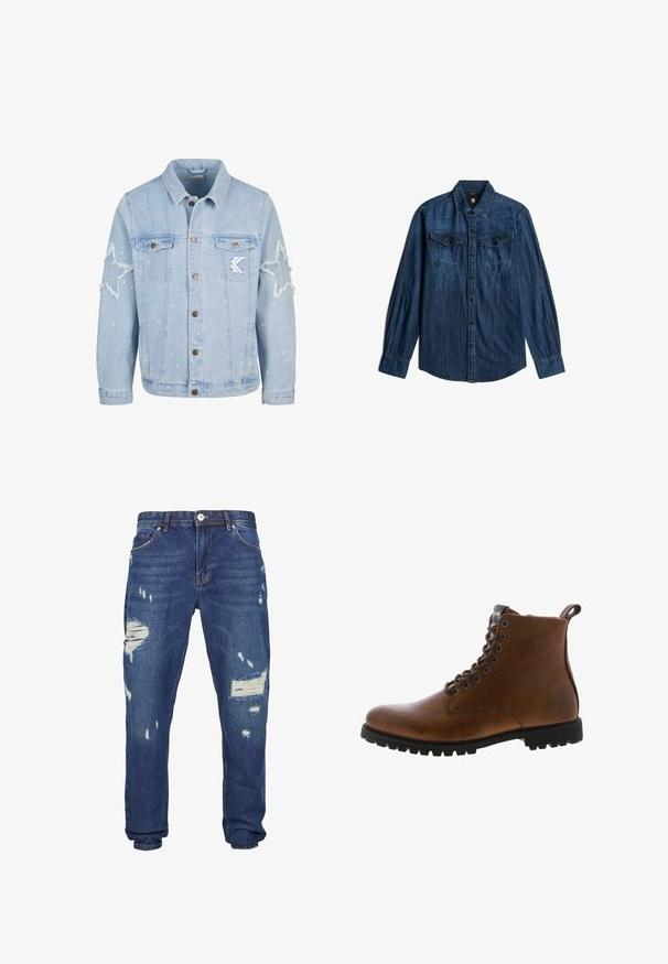 Lichtblauwe denimjack met stervormige slijtage, metalen knopen, twee borstzakken en subtiele witte verfspetterdetails.; Donkerblauw denim overhemd met lange mouwen, knoopsluiting aan de voorkant, twee borstzakken met kleppen en een klassieke kraag.; Blauwe denim jeans met verwerkte details, met verschillende scheuren en rafelige randen, rechte pijpen en klassieke vijf-pocket styling.; Bruine leren enkelbotten met een gestructureerde afwerking, metalen oogjes en een zwarte rubberen profielzool. Voorzien van een trekband aan de achterkant voor gemakkelijke instap.