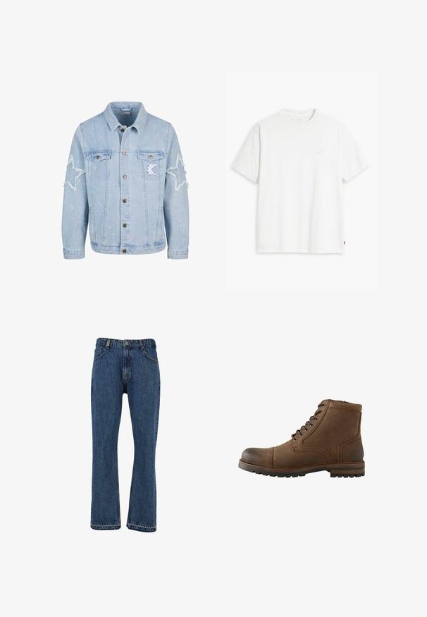 Lyseblå denimjakke med stjernemønstrede slidmærker, metalbutton, to brystlommer og diskret hvid malingsplask.; Hvid t-shirt i bomuld med korte ærmer, rund halsudskæring og en diskret "Levi's"-logo trykt i lyse farver på forsiden.; Blå denimjeans med lige ben, klassisk fem-lomme design og metalbeslag. Syet kant med en let falmet finish.; Brun læderankelstøvle med snørelukning foran og robust sål, designet til casual eller udendørs brug.