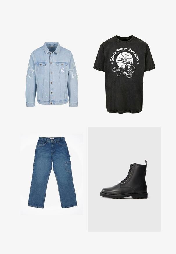 Chaqueta de mezclilla azul claro con desgastes en forma de estrella, botones de metal, dos bolsillos en el pecho y un sutil salpicado de pintura blanca.; Camiseta de algodón negra de manga corta con un gráfico de un pantera y el texto "South Philly Panthers" con un diseño de béisbol.; Pantalones cargo de mezclilla azul con pierna recta, bolsillos frontales y laterales, y una cinturilla clásica. El material parece texturizado y duradero.; Botín de cuero negro con punta redonda, diseño con cordones y ojales de metal. Cuenta con una suela texturizada y una lengüeta en el talón para facilitar su uso.