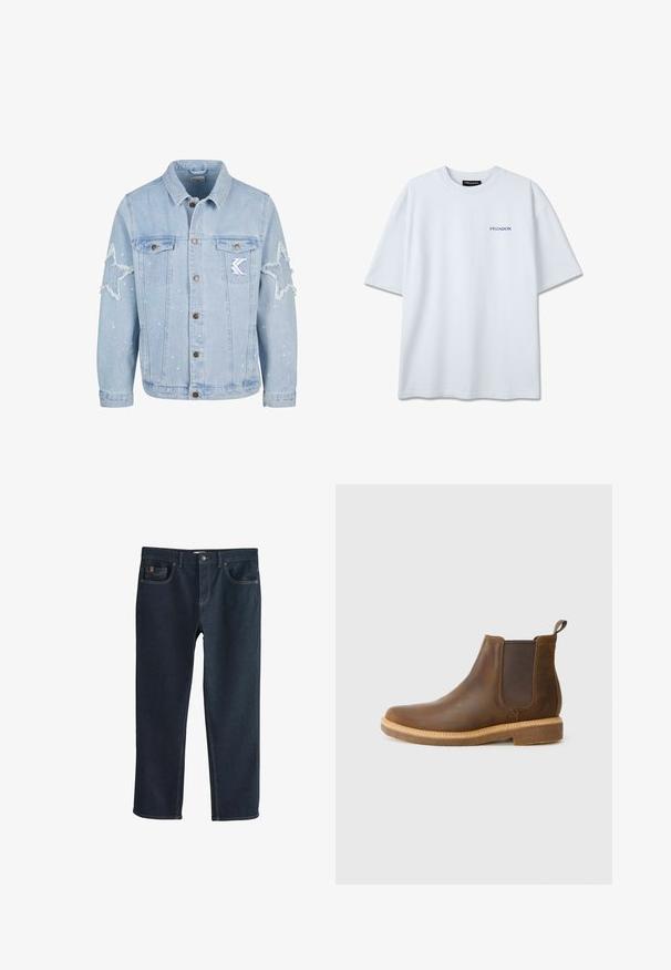 Hellblaue Denimjacke mit sternförmigen Abriebstellen, Metallknöpfen, zwei Brusttaschen und subtilen weißen Farbspritzern.; Weißes oversized T-Shirt mit kurzen Ärmeln, Rundhalsausschnitt und kleinem blauem "PEGADOR"-Logo auf der linken Brust.; Dunkelblaue Jeans aus Denim mit geradem Bein, ausgestattet mit Vordertaschen und dezenten Steppnähten. Glatte Textur, klassischer Stil.; Braune Leder-Ankle-Boots mit elastischen Seitenpaneelen, einer strukturierten Sohle und einer Zuglasche; abgerundete Zehenpartie und kontrastierende Nähte.