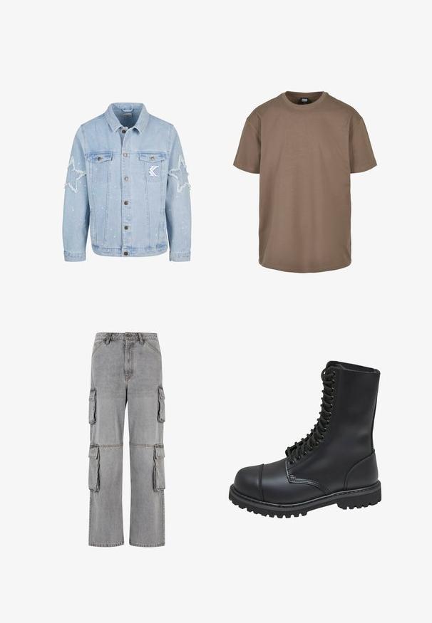 Lyseblå denimjakke med stjernemønstrede slidmærker, metalbutton, to brystlommer og diskret hvid malingsplask.; Brun t-shirt lavet af bomuld, med rund halsudskæring, korte ærmer og en afslappet pasform med en glat tekstur. Ingen mønstre eller accenter.; Grå cargo-bukser lavet af denim; har flere sidelommer, en afslappet pasform og kontraststing langs sømmene.; Sort læder kampstøvle med høj skaft, snørebånd foran, polstret krave og en robust tekstureret sål for godt greb. Har forstærket tåhætte.