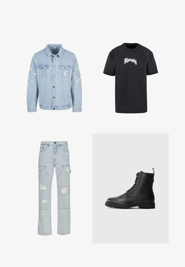 Lyseblå denimjakke med stjernemønstrede slidmærker, metalbutton, to brystlommer og diskret hvid malingsplask.; Sort bomulds t-shirt med rund hals. Har et stiliseret "Gonzales" logo i hvidt over brystet. Korte ærmer, afslappet pasform.; Lyseblå denim cargo bukser med slidte lapper, vid benedesign, to sidelommer og nitter.; Sort læder ankelstøvle med rund tå, snøredesign og metaløjer. Har en tekstureret sål og en pull-tab ved hælen for nem påtagning.
