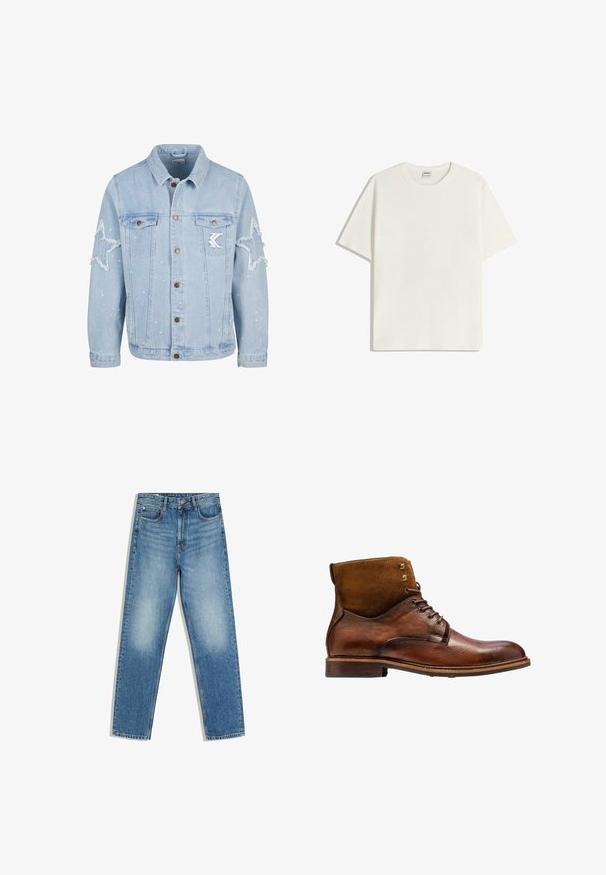 Lichtblauwe denimjack met stervormige slijtage, metalen knopen, twee borstzakken en subtiele witte verfspetterdetails.; Wit geribbeld T-shirt met korte mouwen en een ronde hals. Zachte textuur met een losse pasvorm, zonder zichtbare patronen of accenten.; Blauwe spijkerbroek met een hoge taille, knoop en rits aan de voorkant, twee voorzakken en vervaagde plekken op de dijen en knieën.; Kazar ALID - Veterboots - brown