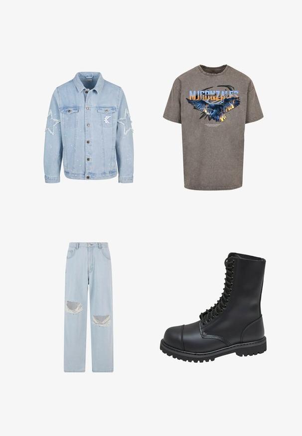 Lichtblauwe denimjack met stervormige slijtage, metalen knopen, twee borstzakken en subtiele witte verfspetterdetails.; Grijs T-shirt met korte mouwen met een grote afbeelding van een adelaar met blauwe en oranje vlammen. Bovenaan staat de tekst "MJ GONZALES" in vette letters.; Lichtblauwe denim jeans met een wijd been, voorzien van twee versleten plekken met rafelige randen. Inclusief standaard knoop- en ritsluiting.; Zwarte leren gevechtslaars met een hoge schacht, vetersluiting aan de voorkant, gewatteerde kraag en een stevige, gestructureerde zool voor grip. Bevat een versterkte neus.