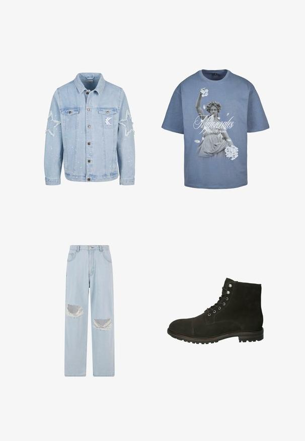 Lichtblauwe denimjack met stervormige slijtage, metalen knopen, twee borstzakken en subtiele witte verfspetterdetails.; Lichtblauwe katoenen T-shirt met een grafisch ontwerp van een standbeeld met bloemen, centraal gepositioneerd. Tekst "Maiorals - Design Renaissance" in het wit.; Lichtblauwe denim jeans met een wijd been, voorzien van twee versleten plekken met rafelige randen. Inclusief standaard knoop- en ritsluiting.; Bruine suède enkellaars met een ronde neus, vetersluiting aan de voorkant, zilverkleurige eyelets en een gestructureerde rubberen zool. Platte hak, eenvoudig ontwerp.