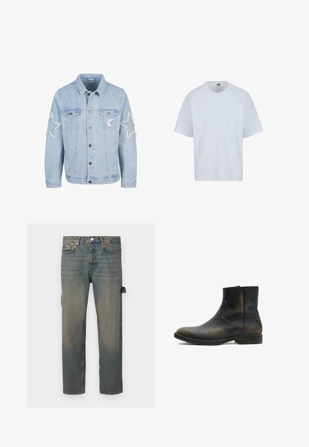 Chaqueta de mezclilla azul claro con desgastes en forma de estrella, botones de metal, dos bolsillos en el pecho y un sutil salpicado de pintura blanca.; Camiseta de algodón blanca con cuello redondo, mangas cortas y corte recto. Presenta sutiles detalles de costura en los hombros.; Jeans de mezclilla de color azul claro con un efecto desgastado, diseño de pierna recta, cinco bolsillos y presillas para cinturón. Presenta un detalle de tira lateral.; AllSaints LANG - Botines - brown