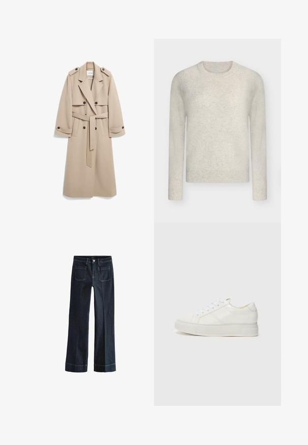 Beige Woll-Trenchcoat mit doppelt geknöpften Knöpfen, Schulterklappen, breiten Revers und einem passenden Gürtel. Glatte Textur und knielanges Design.; Hellbeiger Langarmpullover mit Rundhalsausschnitt, gerippten Bündchen, Saum und Ausschnitt, dargestellt vor neutral grauem Hintergrund.; Dunkelblaue Denim-Jeans mit geradem Schnitt, fünf Taschen, Knopfverschluss und umgeschlagenen Säumen. Glatte Textur, minimale Nähdetails.; Weiße Leder-Sneaker mit glatter Textur, runder Zehenpartie, flacher weißer Sohle und weißem Schnürdesign, das subtile genähte Akzente aufweist.