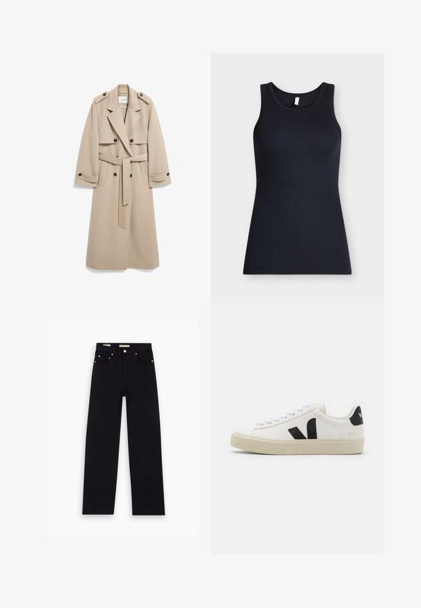 Beige wollen trenchcoat met dubbelrijgsluiting, schouderstukken, brede revers en een bijpassende riem. Gladde textuur en ontwerp tot op de knie.; Zwarte mouwloze geribbelde tanktop met ronde hals, plat gelegd tegen een lichte achtergrond.; Zwarte denim jeans met een recht model, vijf zakken, koperen hardware en een gladde textuur. Twee labels zichtbaar op de tailleband.; Witte leren sneaker met zwart rubberen V-logo. Getextureerde off-white zool, witte veters en een achterkant met een detail van de merknaam in het zwart.