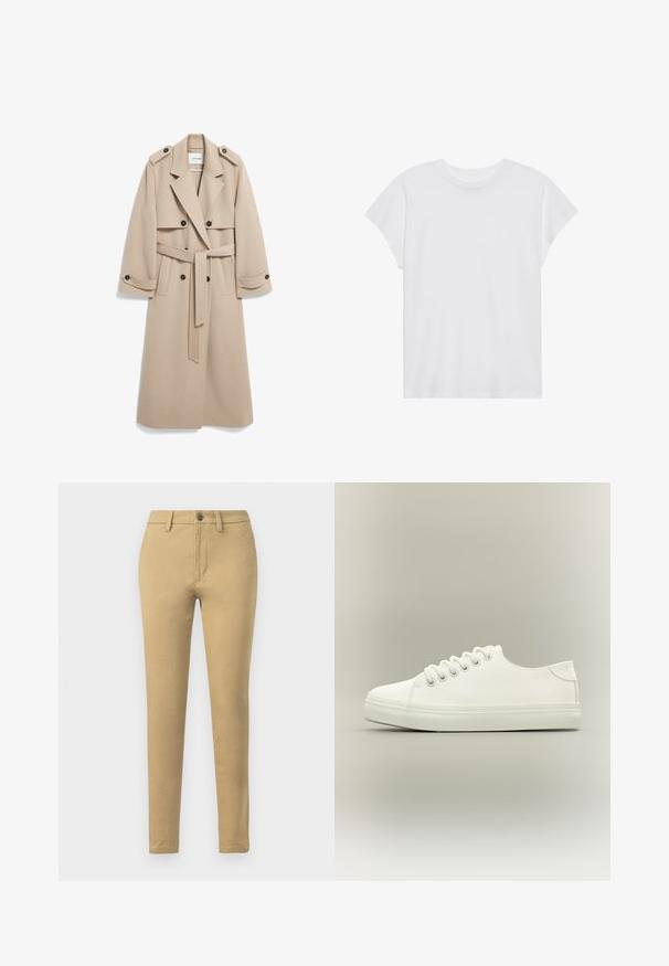 Beige wollen trenchcoat met dubbelrijgsluiting, schouderstukken, brede revers en een bijpassende riem. Gladde textuur en ontwerp tot op de knie.; Witte t-shirt met korte mouwen, ronde hals, relaxte pasvorm, gemaakt van zacht katoen. Glad textuur, geen patronen of logo's.; Khaki chino's van een katoenmix, met een slim fit, ceintuurlussen, zijzakken en een sluiting met één knop.; Witte lage sneaker met witte veters en rubberen zool, zijaanzicht op een neutrale achtergrond.