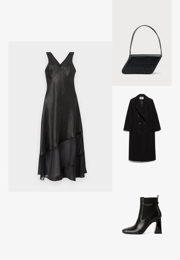 IVY OAK IOCLEMENCE - Klassisk frakke - black; Sorte kjole med V-hals, uden ærmer, lagdelt søm og tekstureret finish, lavet af et glat, let stof.; KARL LAGERFELD ASTRA NOVA GORE - Højhælede støvletter - black lthr; Sort skuldertaske i læder med trekantet form, præget logo og en enkelt justerbar rem. Minimalistisk design med glat tekstur.