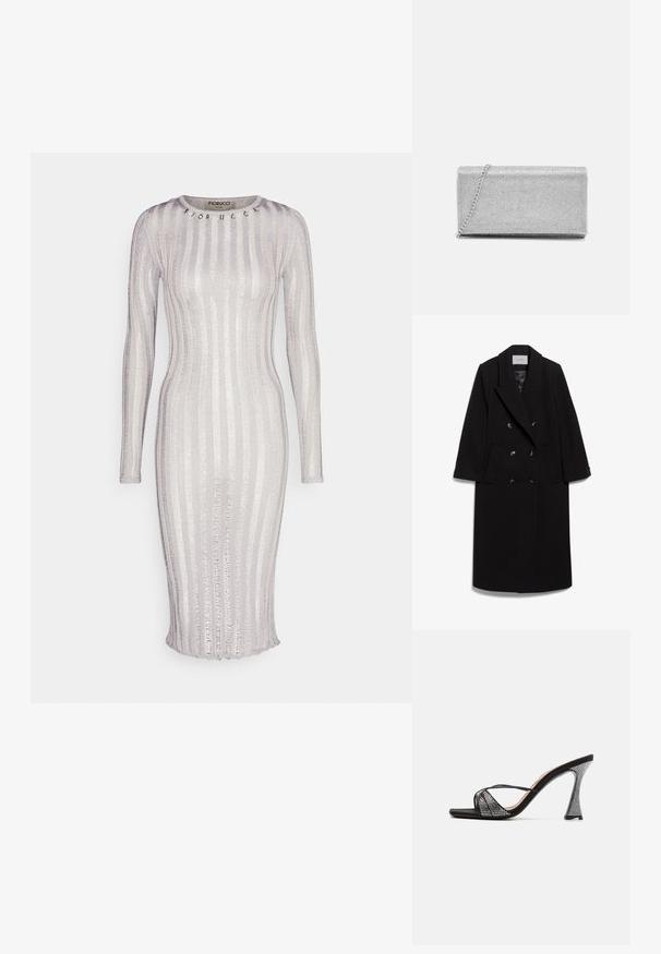 IVY OAK IOCLEMENCE - Klassisk frakke - black; Langærmet sølvmetallic stribet tætsiddende midi-kjole med rund hals og Fiorucci-logo detaljer ved halsudskæringen.; Sorte højhælede sandaler med en struktureret overdel, der har skinnende rhinsten, slanke stropper og et karakteristisk geometrisk hældesign.; Sølvmetallic clutchtaske med vævet netdesign, rektangulær form og en kædestrop til at bære. Glat tekstur og poleret finish.