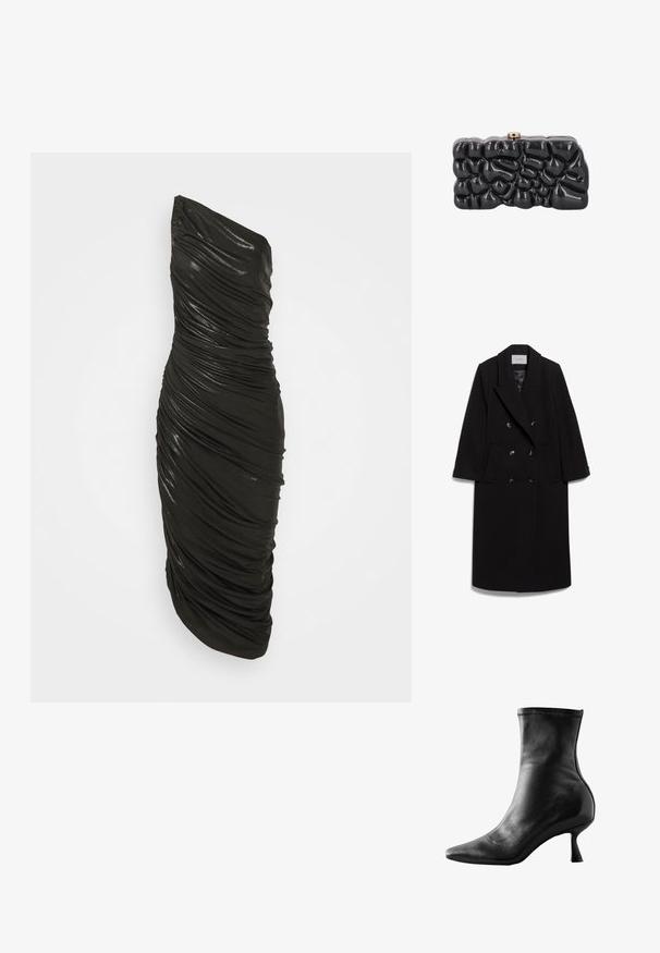 IVY OAK IOCLEMENCE - Mantel - black; Zwarte jurk met één schouder, gemaakt van een glanzend materiaal. Kenmerkt zich door een geraffineerde textuur en een aansluitende pasvorm, met een lengte tot halverwege de kuit.; Zwarte leren enkelboot met een spitse neus, aangesloten ontwerp en een lage, uitlopende hak, met een gladde textuur en minimale stikdetails.; Glanzende zwarte clutch met een abstract, getextureerd oppervlak en een kleine metalen sluiting bovenop, getoond tegen een witte achtergrond.