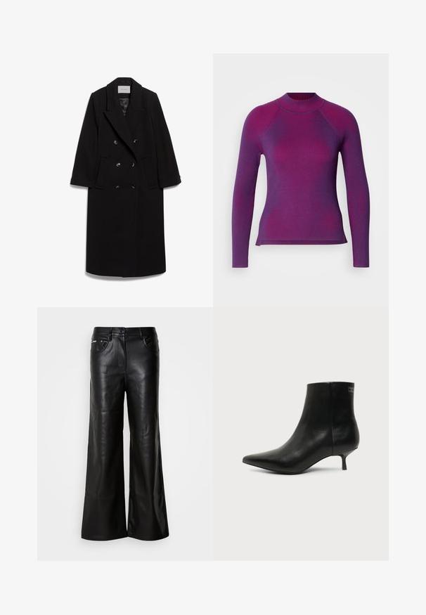IVY OAK IOCLEMENCE - Klassisk frakke - black; Ribbet langærmet bluse i mørkelilla med lysere lilla striber. Høj halsudskæring og splittet kantdesign for nem bevægelse.; Sorte læder bukser med bredde ben og en glat tekstur, der har en frontknaplukning, to sidelommer og minimale syninger.; Sort læder ankelstøvle med spids tå og lav kitten hæl på lys baggrund, der viser yderside.