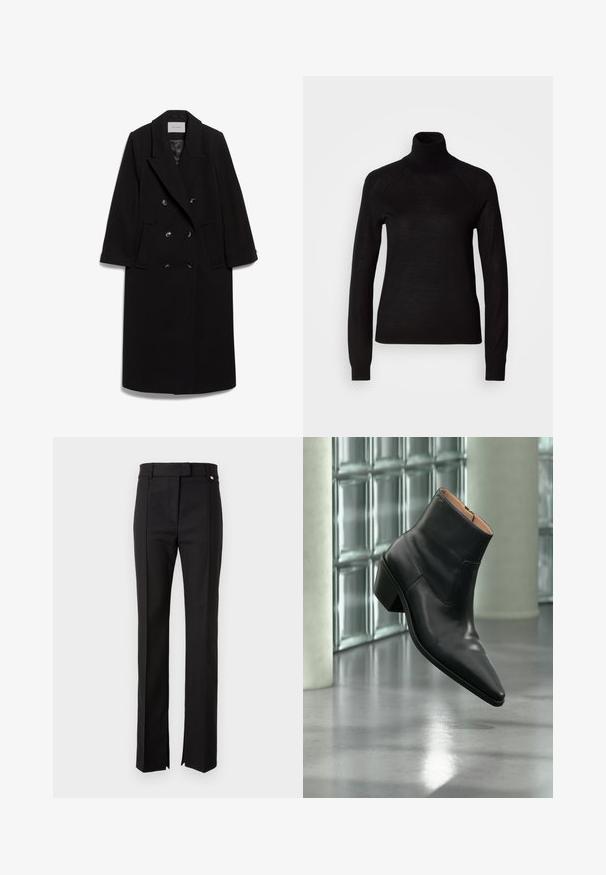 IVY OAK IOCLEMENCE - Klassisk frakke - black; Sort turtleneck sweater lavet af et let strikket stof. Har lange ærmer og en tætsiddende silhuet med raglan-sømme.; Sorte skræddersyede bukser med lige ben-design, der har et taljevindue med knaplukning og sideslids ved kanten.; Sort læderankelstøvle med spids tå og blokhæl, der svæver over en reflekterende grå gulv nær en væg af glasblokke.
